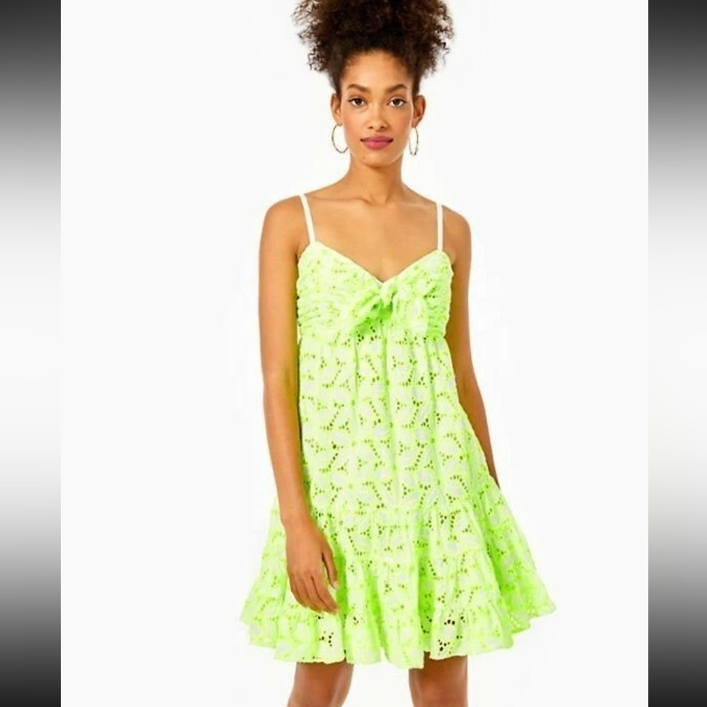 Lilly Pulitzer women’s dress 10 medium mini neon green white eyelet ruffle NWT